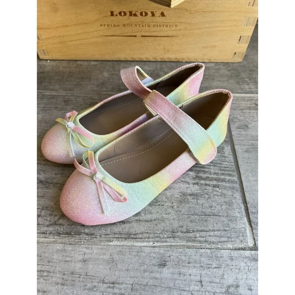 Girls Rainbow Glitter Shimmer Ombre Mary Jane Shoes Bows Flats Ballet EUR 30 12